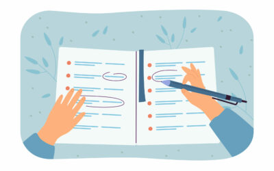 Hands of student doing test or writing in planner. Person writing in notebook with pen and highlighting information flat vector illustration. Education, planning concept for banner or landing web page