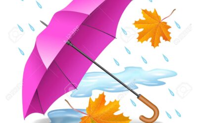Pink or purple realistic umbrella with falling orange leaves, raindrops and puddles isolated on white background. Rainy autumn day. Vector illustration