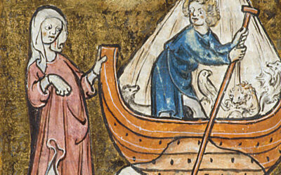 Homme sur un bateau avec des animaux -détail d'une miniature-. TheBritish Library Harley 4417 f. 46.