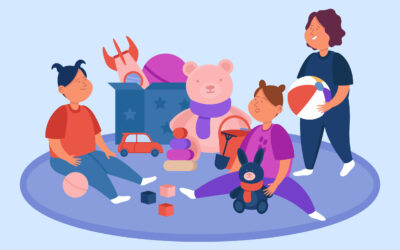 Preschool kids playing with toys in kindergarten. Playtime in classroom with children holding ball and plush bunny, sitting near teddy bear, car flat vector illustration. Fun time in childhood concept